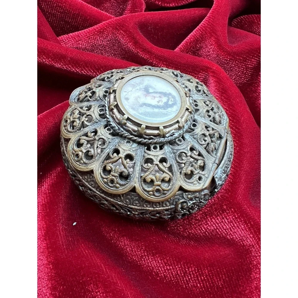 Antique French Miniature Portrait Ormolu Trinket Box Jewelry Box